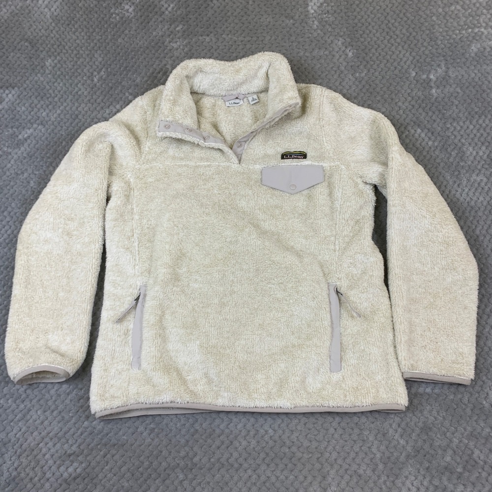 LL Bean Hi-Pile Fleece Pullover Womens Small Cream Beige Snap Neck 505112 Sherpa
